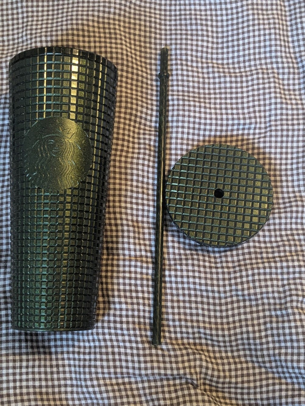 NWT New With Tags Starbucks 2021 Holiday Tumbler Green Metallic Grid 24 Oz